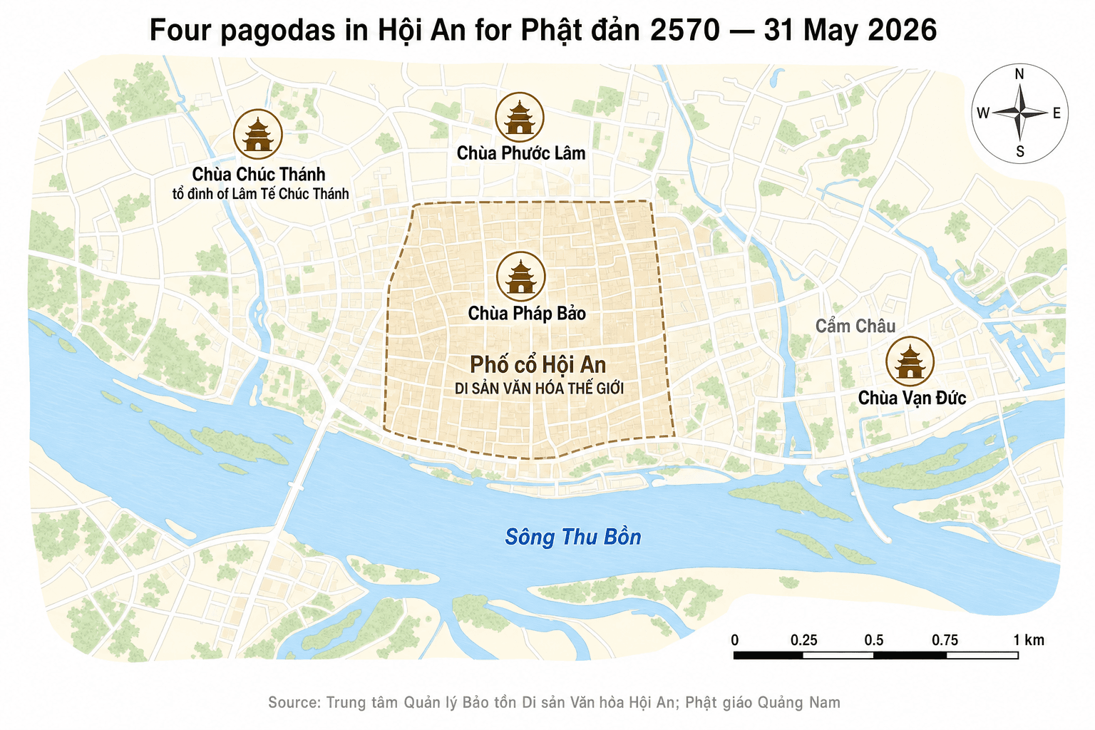Visitor map of Hội An's four main Buddhist pagodas active during Phật Đản 2026: Chùa Chúc Thánh, Chùa Phước Lâm, Chùa Pháp Bảo, Chùa Vạn Đức — sourced from Trung tâm Quản lý Bảo tồn Di sản Văn hóa Hội An and the Phật giáo Quảng Nam diocese.
