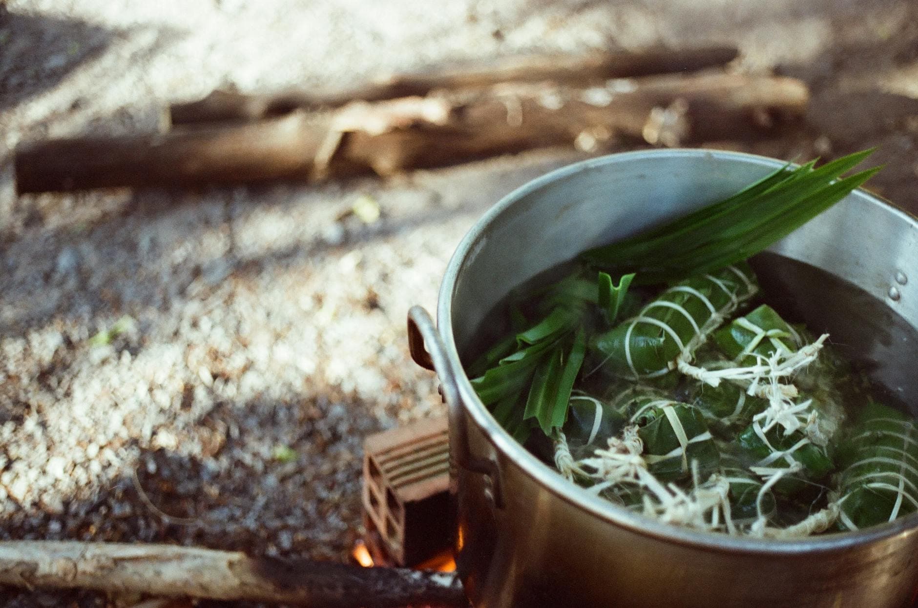 Steaming pot of fresh lemongrass and herbs for a traditional Vietnamese xông hơi herbal steam bath in Hội An