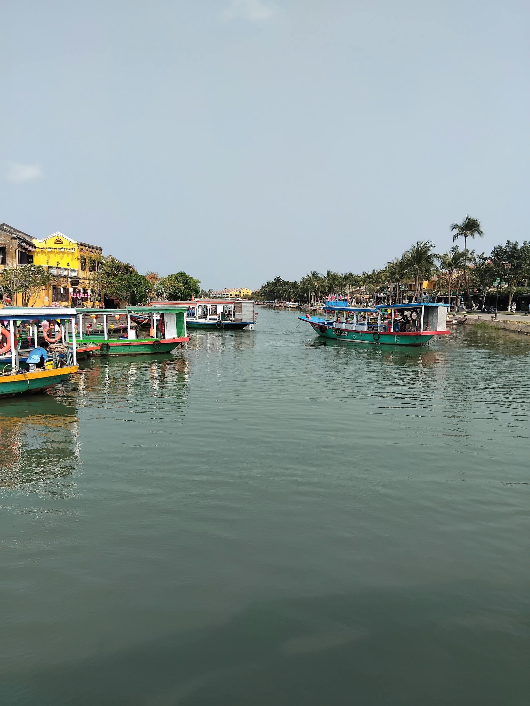 Wooden tour boats on the Thu Bồn River at Cẩm Nam, Hội An, Vietnam — the small residential island south of the Ancient Town with yellow merchant houses visible across the water