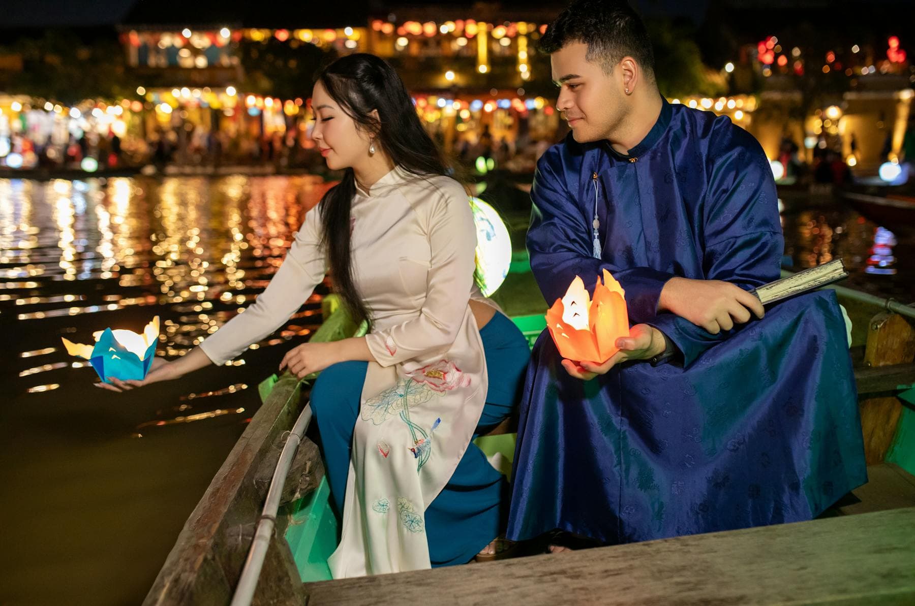 Hội An Lantern Festival on the Thu Bồn River, Vietnam — paper lanterns released onto the river during Đêm Rằm Phố Cổ, held on the 14th day of every lunar month