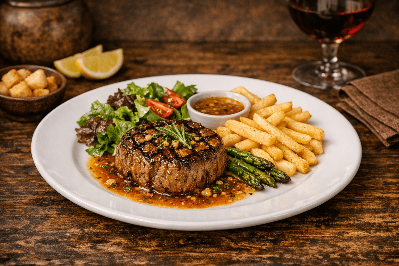 Grilled Beef Tenderloin with Fries and Salad