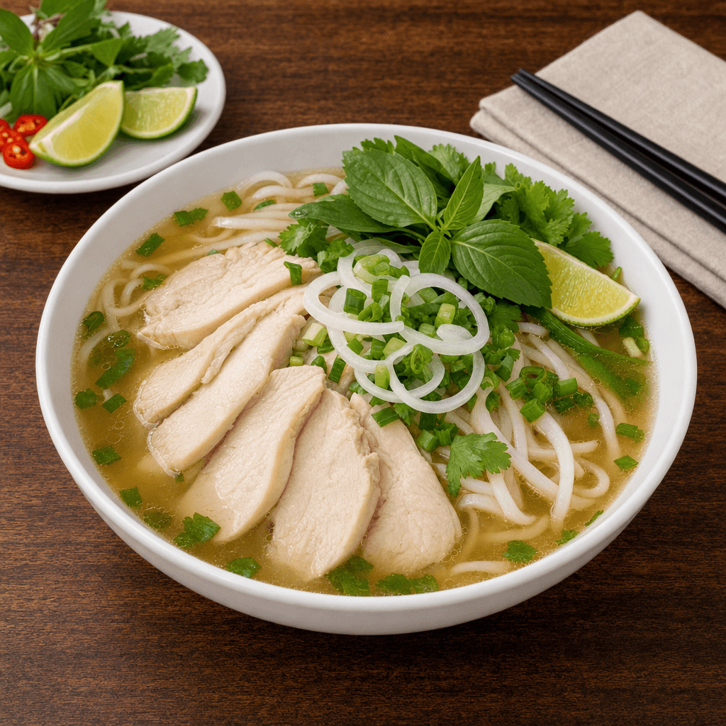 Bowl of traditional Vietnamese chicken pho at Nghê Prana, Hội An