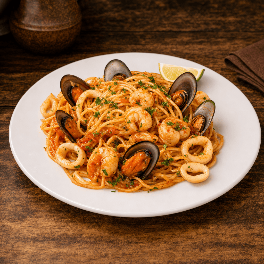 Plate of seafood spaghetti at Nghê Prana, Hội An