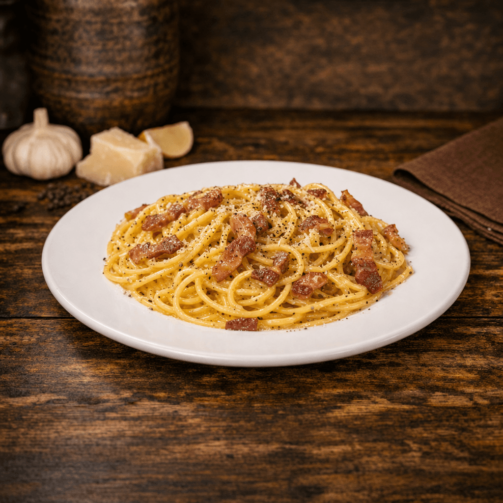 Plate of spaghetti carbonara at Nghê Prana, Hội An